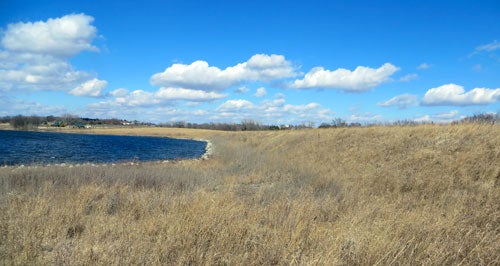 view of small body of water with some prarie grass surrounding